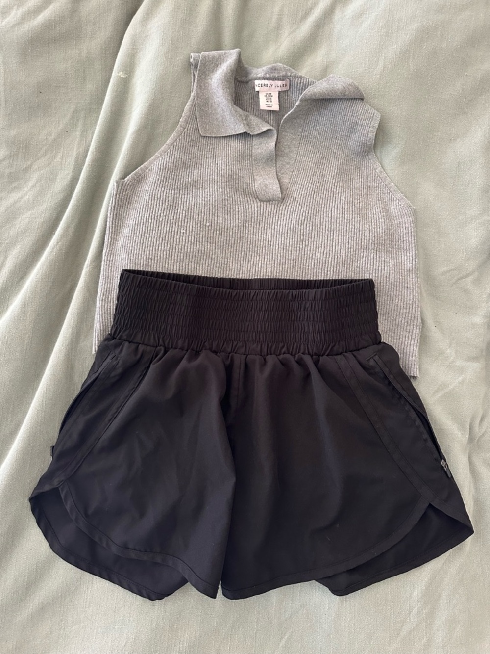 Cropped Ribbed Polo Tank Top in Light Gray and black athletic shorts. High waist